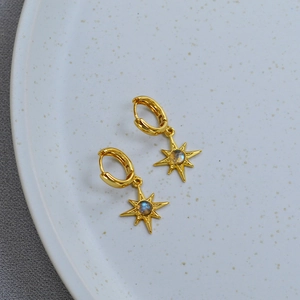 Detailed close-up of gold star hoop earrings with iridescent labradorite stone inlay