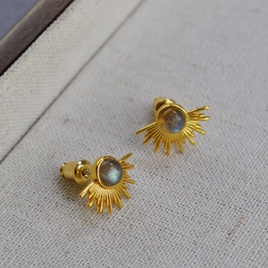 Bohemian gold plated sunburst stud earrings featuring round labradorite stone inlay