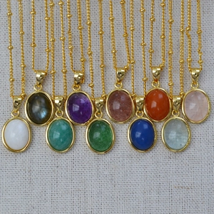 Minimalist Oval Natural Stone Pendant Necklace For Women Gold Plated Copper Satellite Chain Retro Clavicle Necklace Jewelry Gift