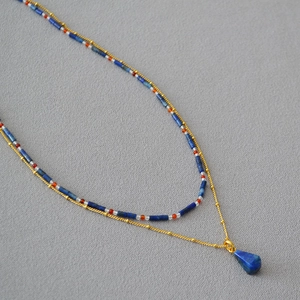 Retro Lapis Lazuli Beaded Pendant Double Layer Necklace For Women Handmade Jewelry Copper Gold Plated Accessory Gift