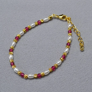 French style beaded necklace with imitation pearls, red corundum, and gold metal accents