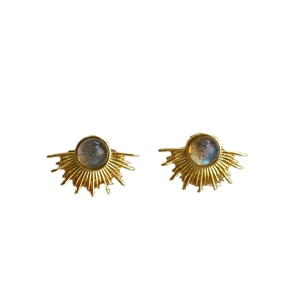 Vintage gold-plated brass sunburst stud earrings with natural labradorite stone