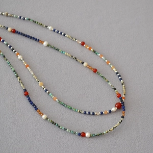 French Vintage Artificial Pearl Beaded Necklace For Women Multicolor Natural Stone Lapis Lazuli Turquoise Clavicle Chain Jewelry Gift