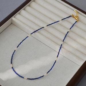 Faceted Lapis Lazuli And Imitation Artificial Pearl Beaded Necklace Vintage French Style Elegant Choker Jewelry For Women