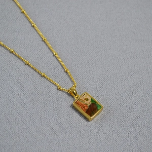Vintage gold satellite chain necklace with rectangular colorful imperial stone pendant