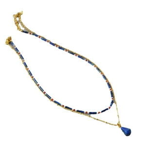 Retro style double-layer necklace with lapis lazuli beads and blue teardrop pendant