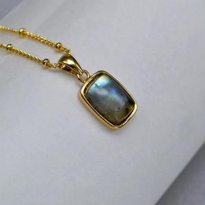 French vintage gold plated necklace with rectangular labradorite stone pendant