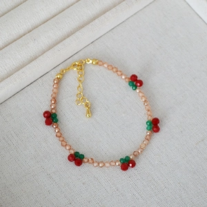 Sweet Handmade Woven Zirconia Beaded Bracelet For Women Korean Style Champagne Glass Beads Red Cherry Charm Jewelry Gift