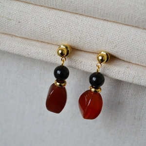 Vintage irregular red agate and black bead drop earrings with 925 silver needles