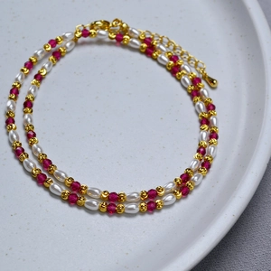 Elegant pearl and ruby red crystal beaded choker necklace with golden lobster clasp