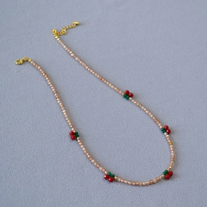 Handmade beaded necklace with champagne zircon beads and cute red cherry accents