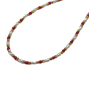Elegant French style pearl and red corundum beaded necklace with golden accent beads
