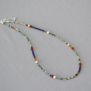 French vintage lapis lazuli and pearl beaded necklace with silver adjustable lobster clasp