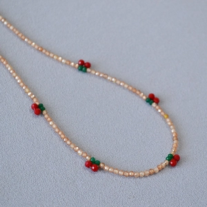 Champagne Zirconia Beaded Necklace Women Sweet Cherry Pendant Gold Plated Copper Chain Minimalist Fashion Jewelry Gift