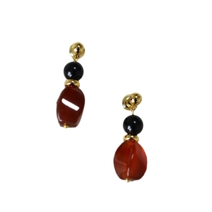 Retro style drop earrings with gold studs, black beads and red irregular agate stone