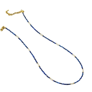 French retro lapis lazuli and pearl beaded thin necklace with adjustable gold clasp