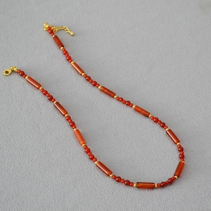 Vintage Red Agate Beaded Necklace For Women Elegant Gold Plated Copper Accessories Handmade Adjustable Choker Jewelry Gift