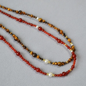 Red Agate Tiger's Eye Stone Beaded Necklace And Bracelet With Faux Artificial Pearl Copper Plated Gold Vintage Style Jewelry For Women