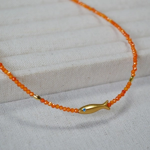 Collier de Perles en Zirconia Orange Style Nouveau Chinois Pendentif Poisson Koi en Alliage Plaqué Or Chaîne de Clavicule de Chance Femme