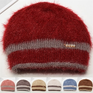 Bonnet en Tricot Chaud d'Hiver pour Femmes Bonnet à Rayures Épaisses Avec Décoration en Strass Extérieur Doux et Thermique