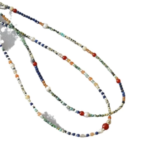 Bohemian multilayer necklace with lapis lazuli, carnelian beads and freshwater pearls