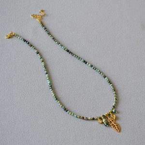 French Vintage Turquoise Beaded Pendant Necklace Gold Plated Leaf Charm Handcrafted Bohemian Style Jewelry For Women Dating