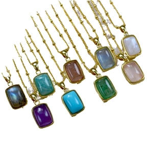 Minimalist brass gold-plated necklace with rectangular natural stone in multiple colors