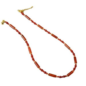 Retro style red agate necklace for women with golden metal beads and lobster clasp