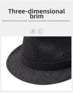 Detail of dark grey textured fedora hat showing metal ventilation holes and curved brim
