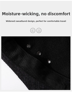 Detail view of widened sweatband and metal ventilation holes on the black winter hat