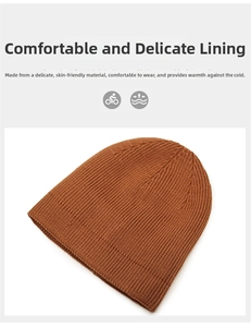 Detailed view of the skin-friendly brown knit beanie with soft inner thermal lining