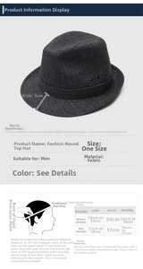 Detailed sizing chart for men's wool fedora hat with head circumference measurements