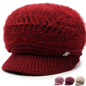 Winter faux rabbit fur knit newsboy hat for elderly women with rhinestone cross detail