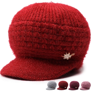 Cappello Invernale Caldo In Maglia Da Donna Con Tesa Foderato In Pile Berretto Per La Mamma Decorazione Floreale Con Strass