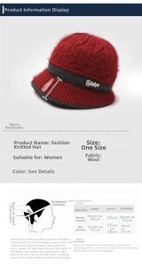 Size guide for women knit hat showing head circumference measurements and sizing chart