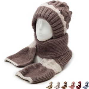 Damen Winter Integrierte Mütze Schal Set Fleece Gefüttert Dick Warm Zopfmuster Farbblock Kapuzenschal Ohrenschutz Strickmütze