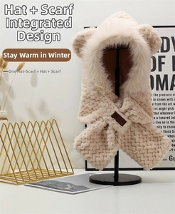 Detailed texture of thick plush bear ear hood scarf with integrated neck warmer and logo