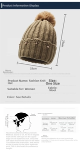 Size chart for women's knitted beanie showing 29x19cm dimensions and head measurement guide