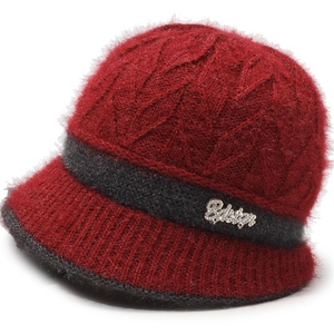 Winter knitted cloche hat for elderly women featuring thick cable knit and rhinestone decor