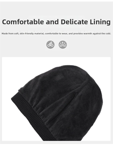 Detail of warm black knitted beanie featuring thick fleece lining for cold protection