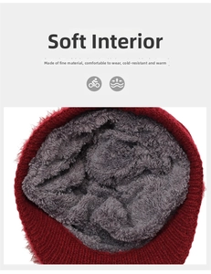 Detailed view of the thick grey fleece lining inside a red knitted winter hat for warmth