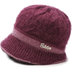 Plush purple winter knit hat for elderly women with warm faux fur and crystal Baby buckle