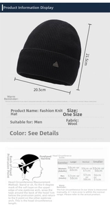 Detailed size guide for knitted beanie showing product dimensions and head circumference tips