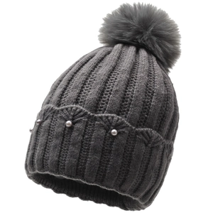 Deep grey cable knit beanie with fluffy pompom and elegant pearl jacquard detailing