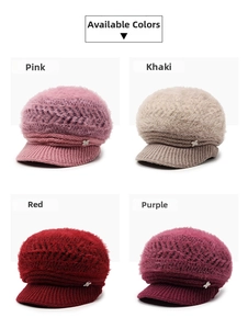 Winter fleece-lined knit hats for elderly women in pink, khaki, red, and purple colors