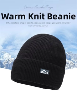 Detail of black ribbed knit beanie with mountain logo patch on a snowy background