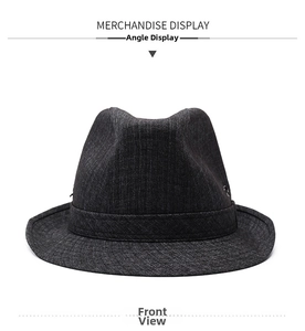 Front view of a dark grey fedora hat featuring classic twill fabric and matching band