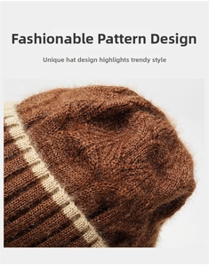 Close-up of thick caramel knit winter hat featuring warm fleece lining and textured patterns
