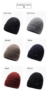 Close-up of knit beanies in six colors with metallic logo detail and folded cuffs