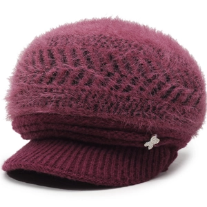 Winter faux rabbit fur knit peak hat in wine red with plush top and butterfly buckle